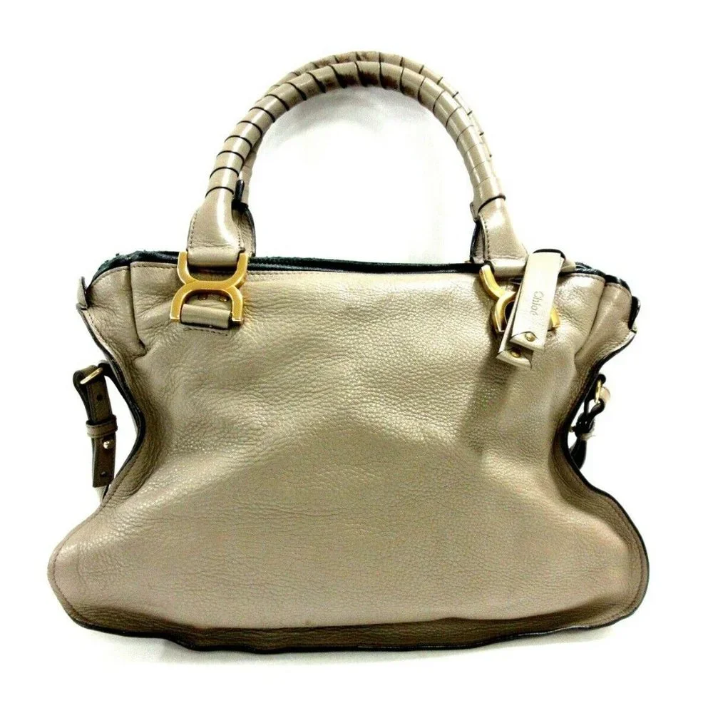 Auth Chloe Marcie Gray Beige Leather Handbag